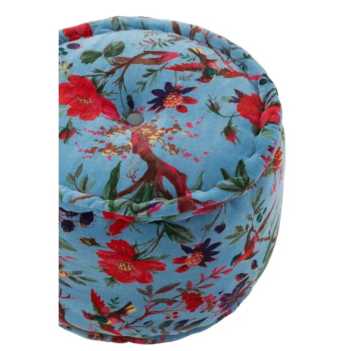 J-línea pouf alrededor de pájaros/flores de algodón terciopelo azul
