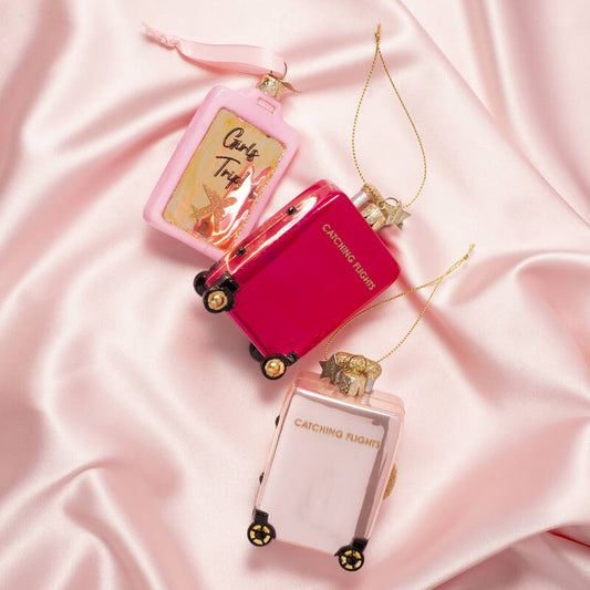 Adorno de vidrio frambuesa rosa maleta de vuelo de captura