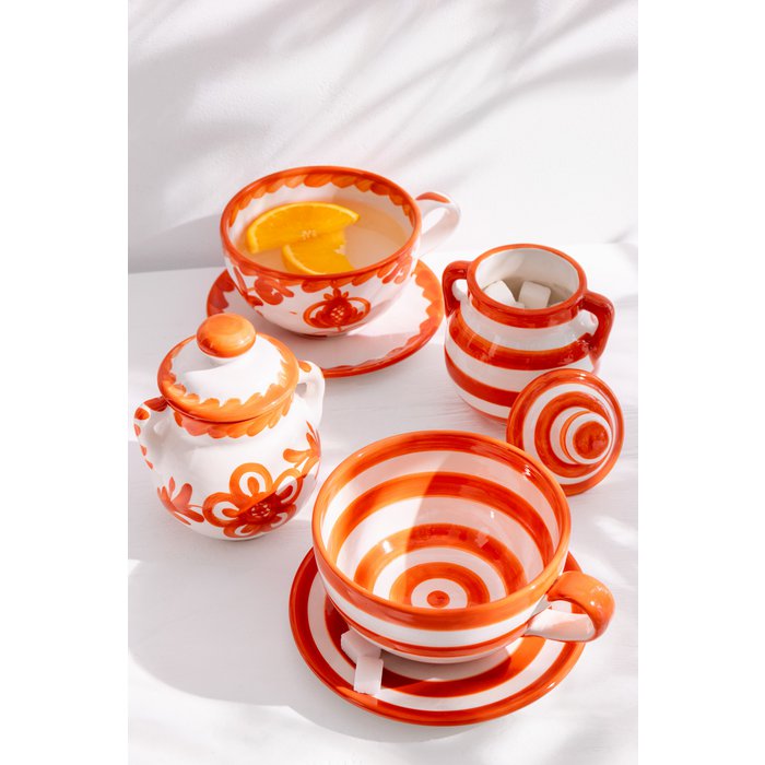 Taza + platillo J-Line Granada Stripes - cerámica - blanco/naranja