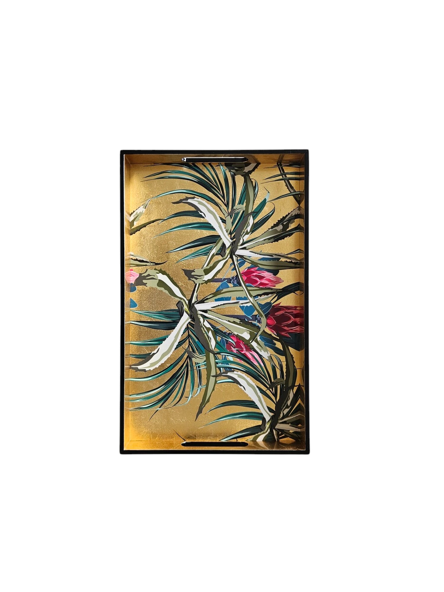 Bandeja De Madera Lacada Con Asas - Flores Tropicales
