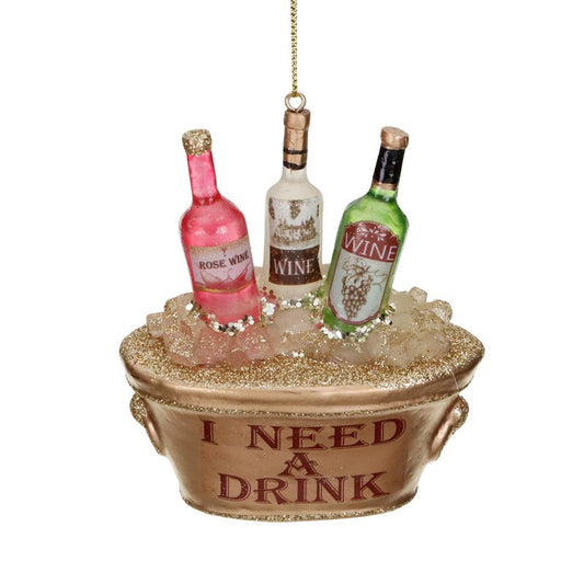 GLSS NEED A DRINK WINE BOTTLES IN BUCKET ORN GLD 11CM