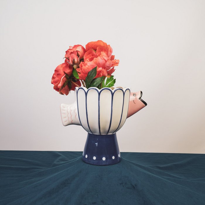 Jarrón - Fish- Dolomite -Blue/White/Pink -21x13.5x18cm