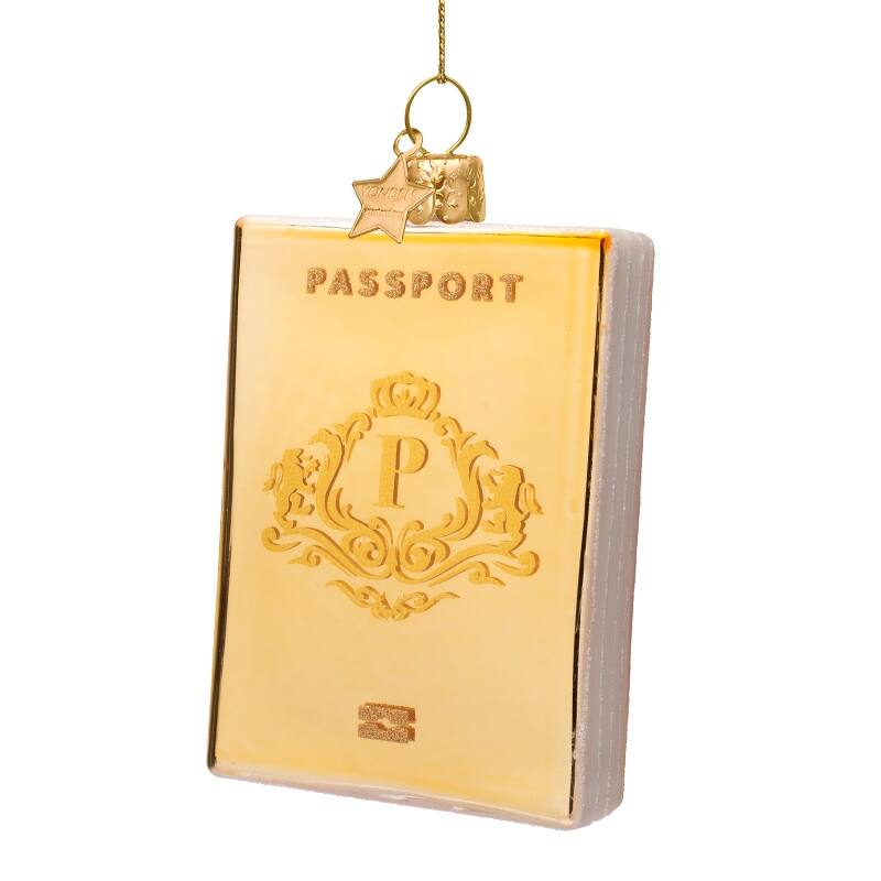 Adorno de vidrio pasaporte dorado brillante
