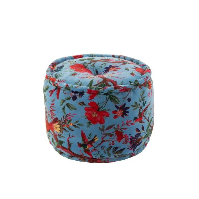 J-línea pouf alrededor de pájaros/flores de algodón terciopelo azul
