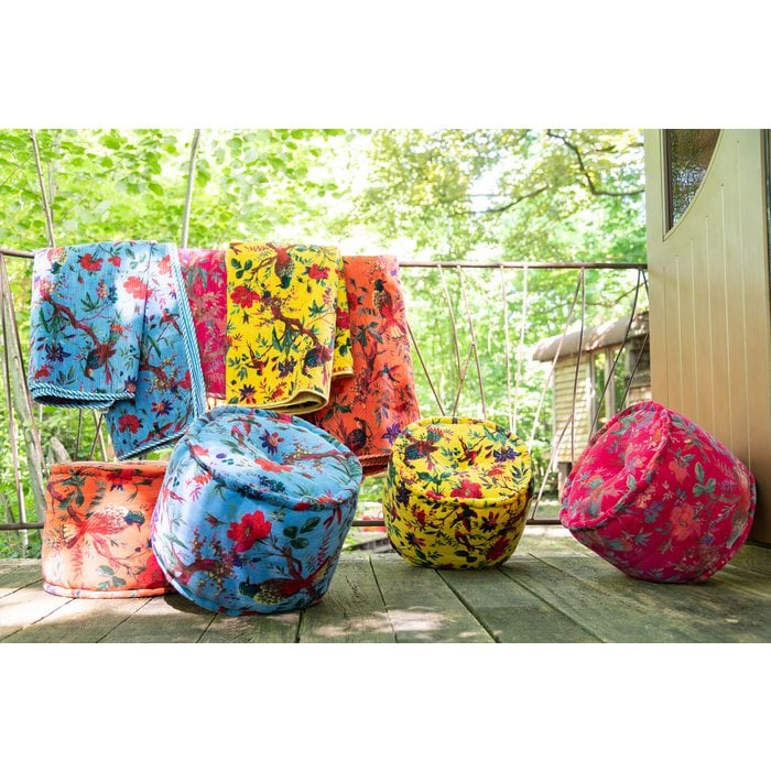 J-línea pouf alrededor de pájaros/flores de algodón amarillo