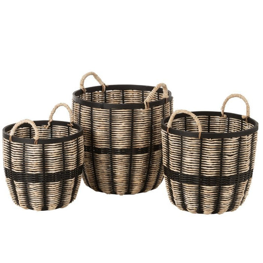 Cesta J-Line - yute/ratán - negro/natural - 3 piezas