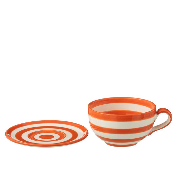 Taza + platillo J-Line Granada Stripes - cerámica - blanco/naranja