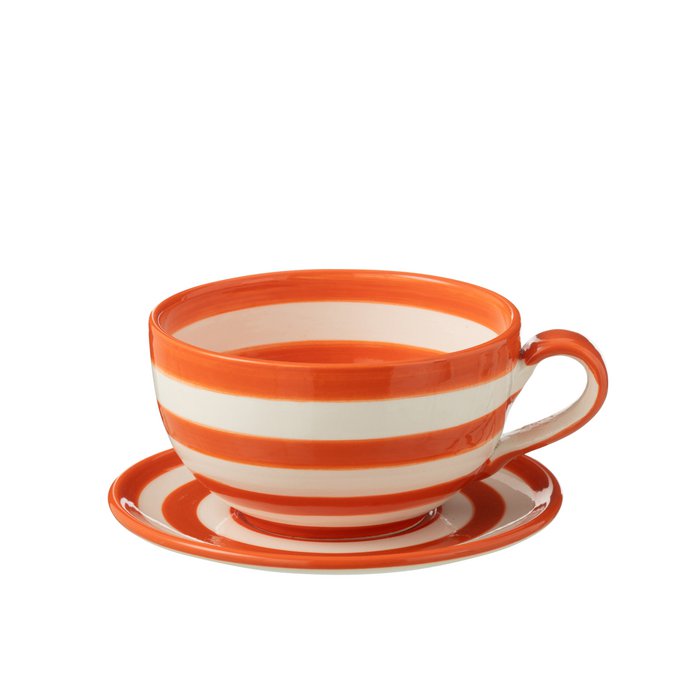 Taza + platillo J-Line Granada Stripes - cerámica - blanco/naranja