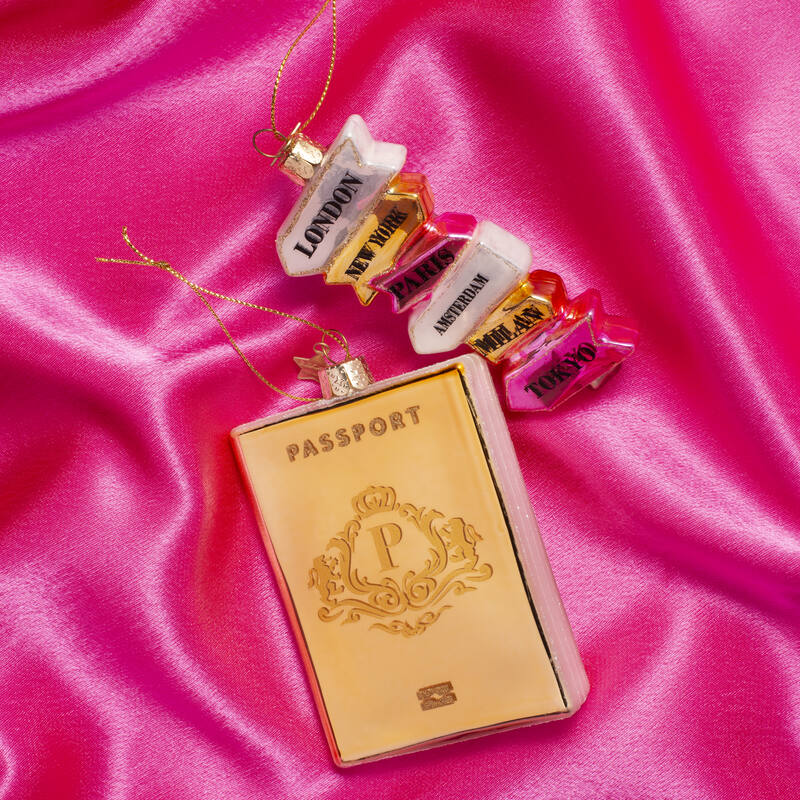 Adorno de vidrio pasaporte dorado brillante