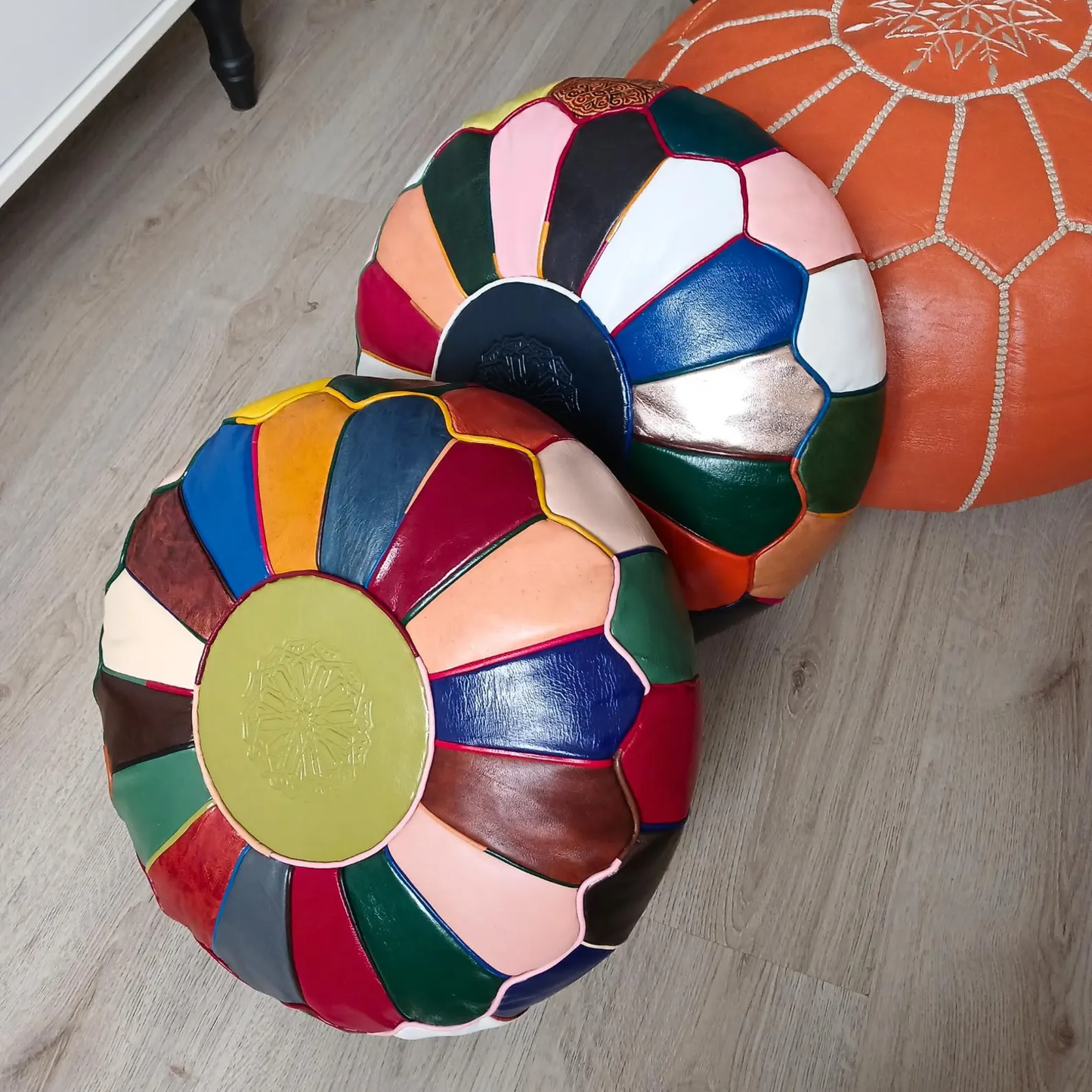 M1 Fassi Leather Pouf - Multicolored Moroccan Goatskin Ottoman
