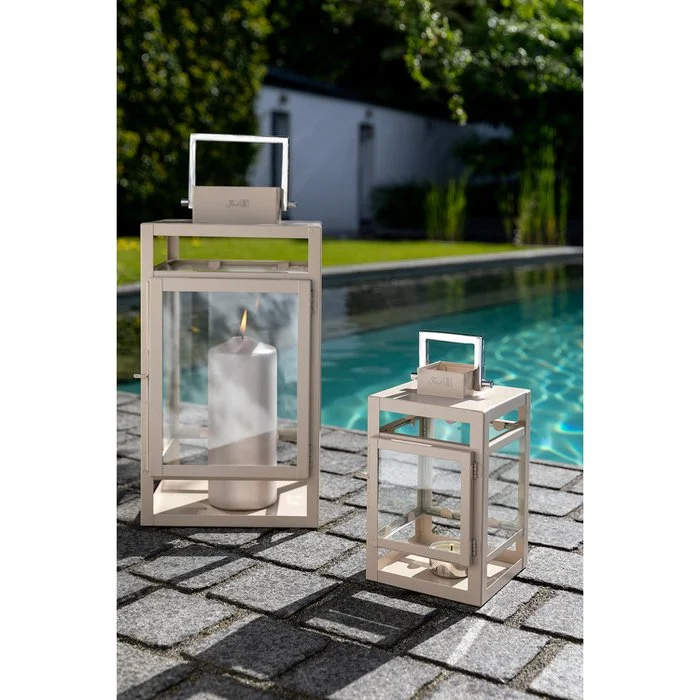Farol KENIA acero inoxidable vidrio hierro con recubrimiento en polvo liso beige