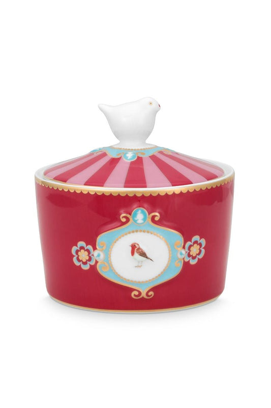 Azucarero con medallón de pájaros enamorados en color rojo y rosa