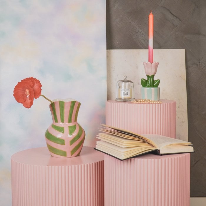 GRANDO- StriPes- Stoneware -Green/ Pink- 16x16x22cm
